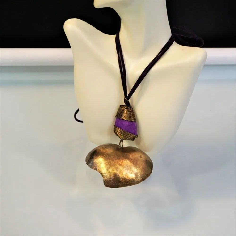 Oversized Brass Heart Wire Wrapped Purple Stone Statement Necklace Signed VTG